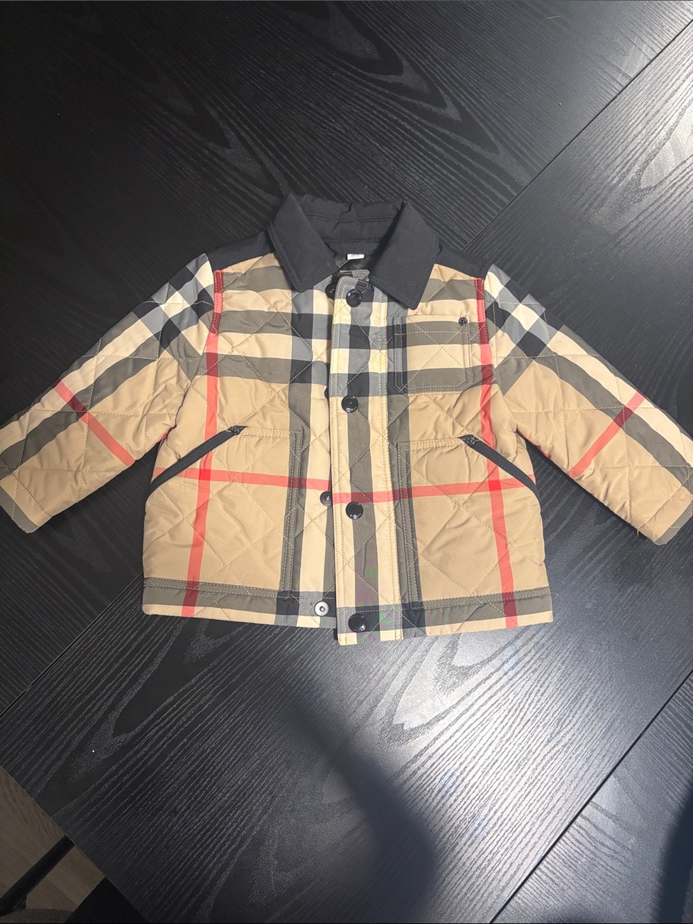 Burberry Beige Plaid Quilted Kids Puffer Jacket with Black Collar